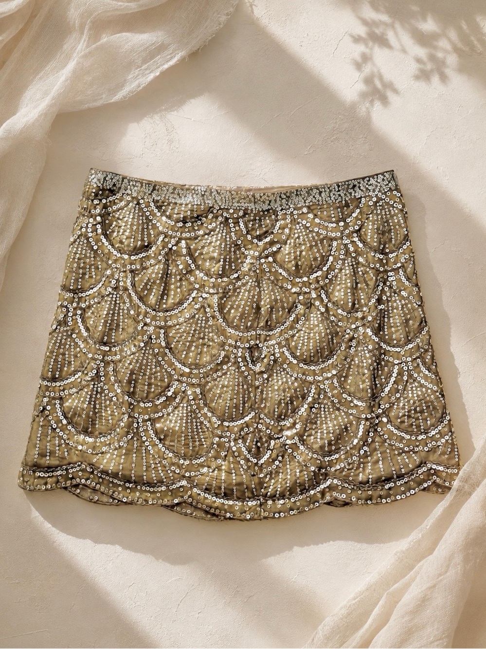 Gold Sequin Mini Skirt with Scalloped Beaded Detail | S